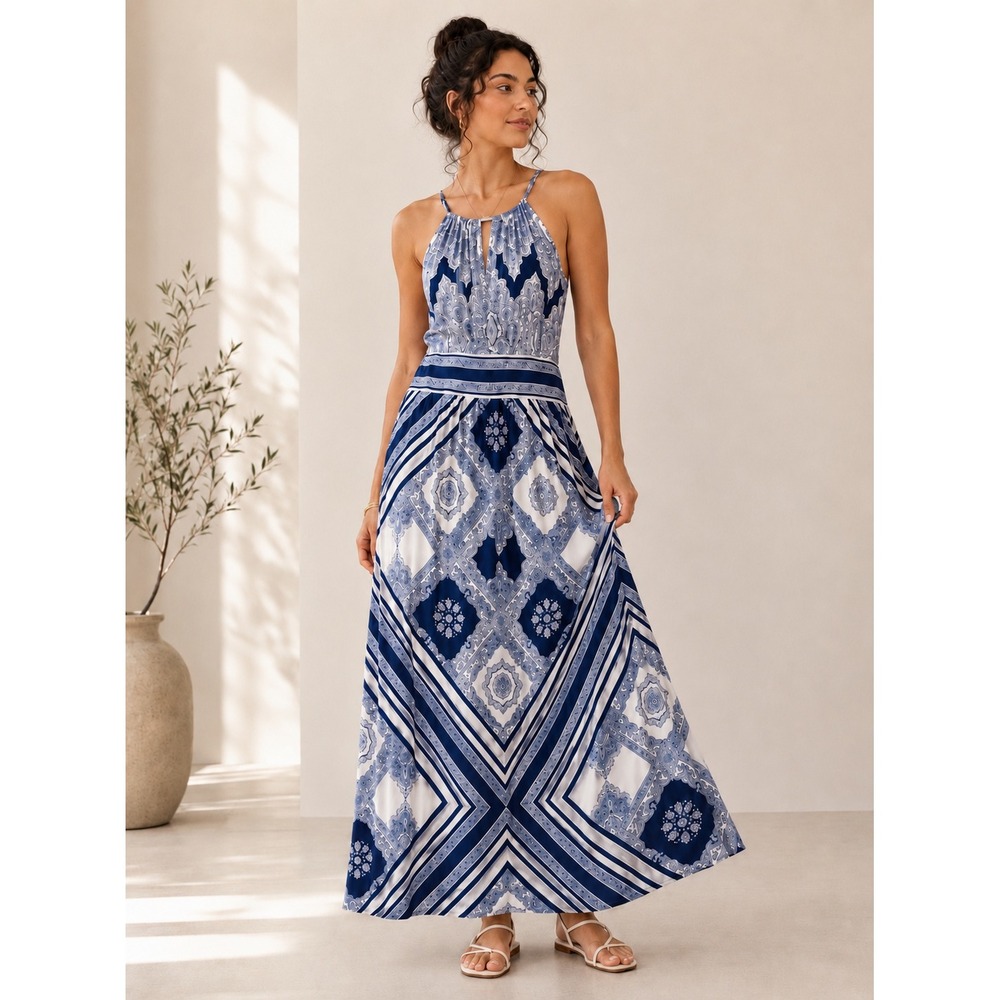 London Times Navy White Paisley Geometric Halter Maxi Dress Size 14 Beach Boho